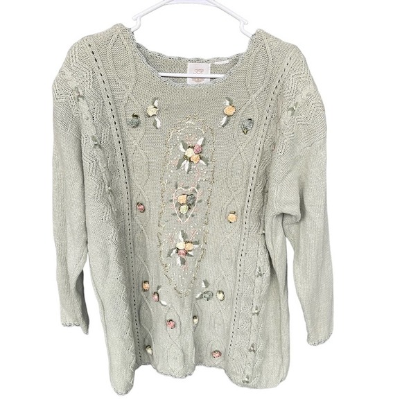 Vintage Sweaters - Vintage Bentley Sweater Womens Large Cottagecore Green Embroidered Grandma